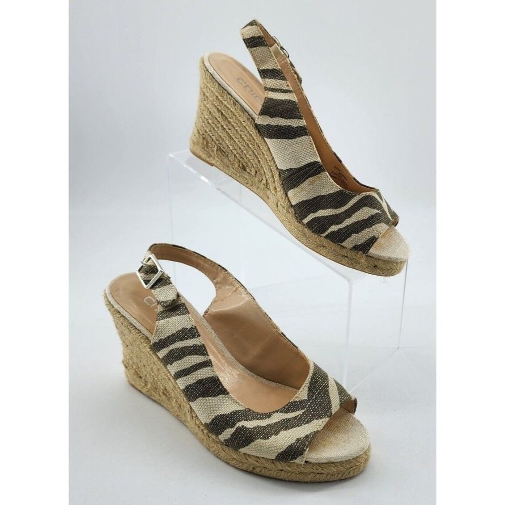 CHICOS Women's Simon Zebra Print Espadrille Wedge Sandals Slingback Beige Sz 8M